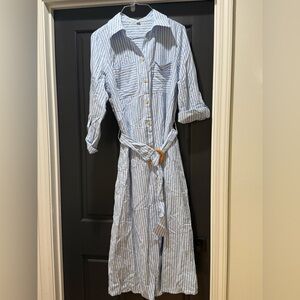 Striped Button-Front Shirt Dress with Belt - Light Blue/White